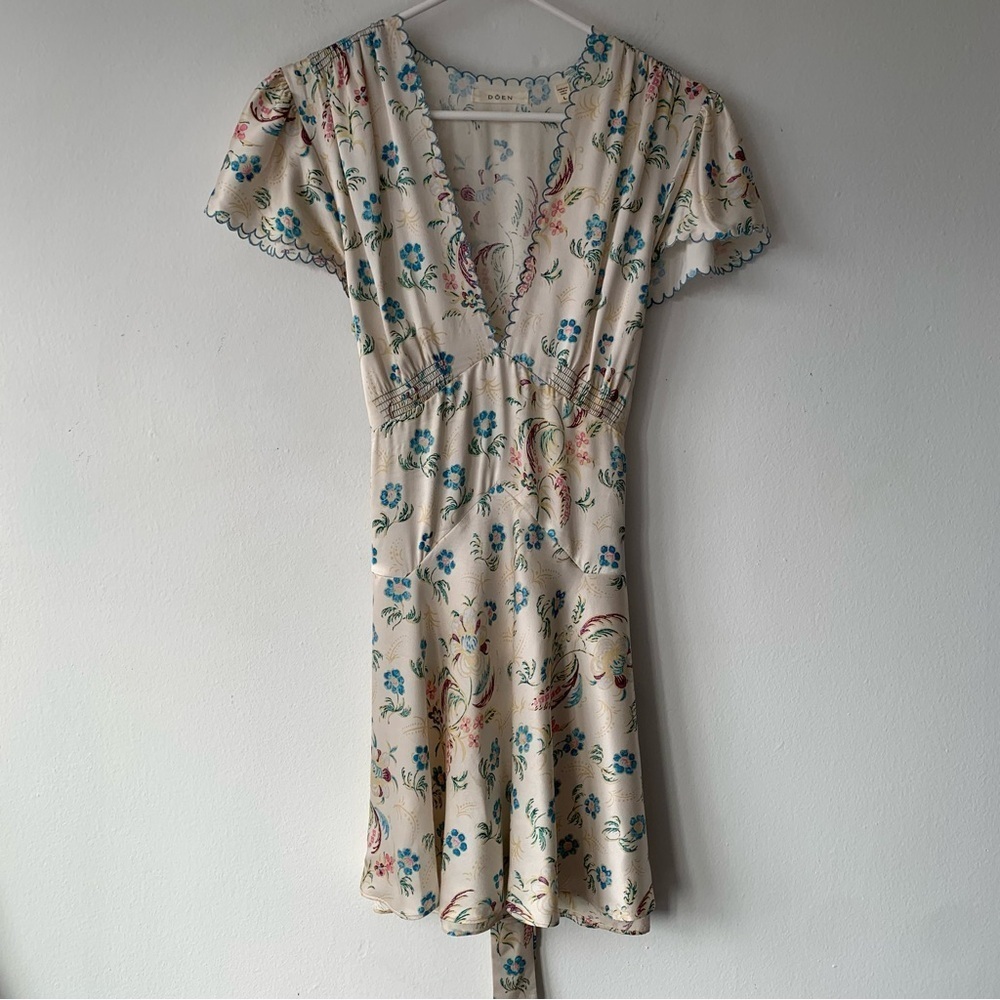 Doen Dianne Silk V Neck Puff Short Sleeve Mini Dress Blue Ivory Hollyhock Hills